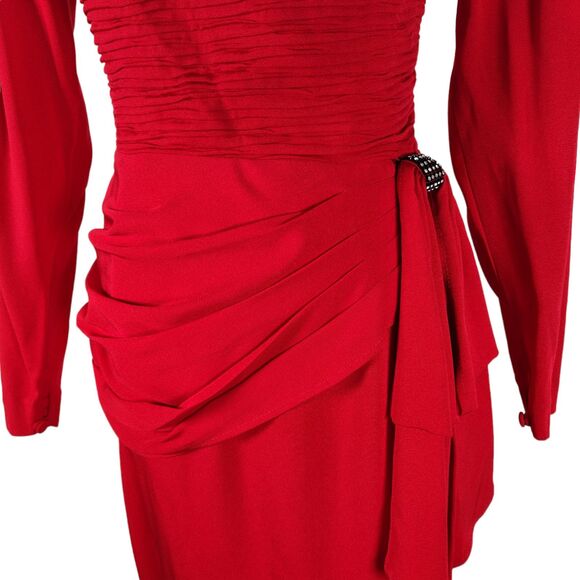 Vintage 90s Red Fitted Midi Cocktail Dress Size S Draped Open Back Square Neck - Picture 8 of 16